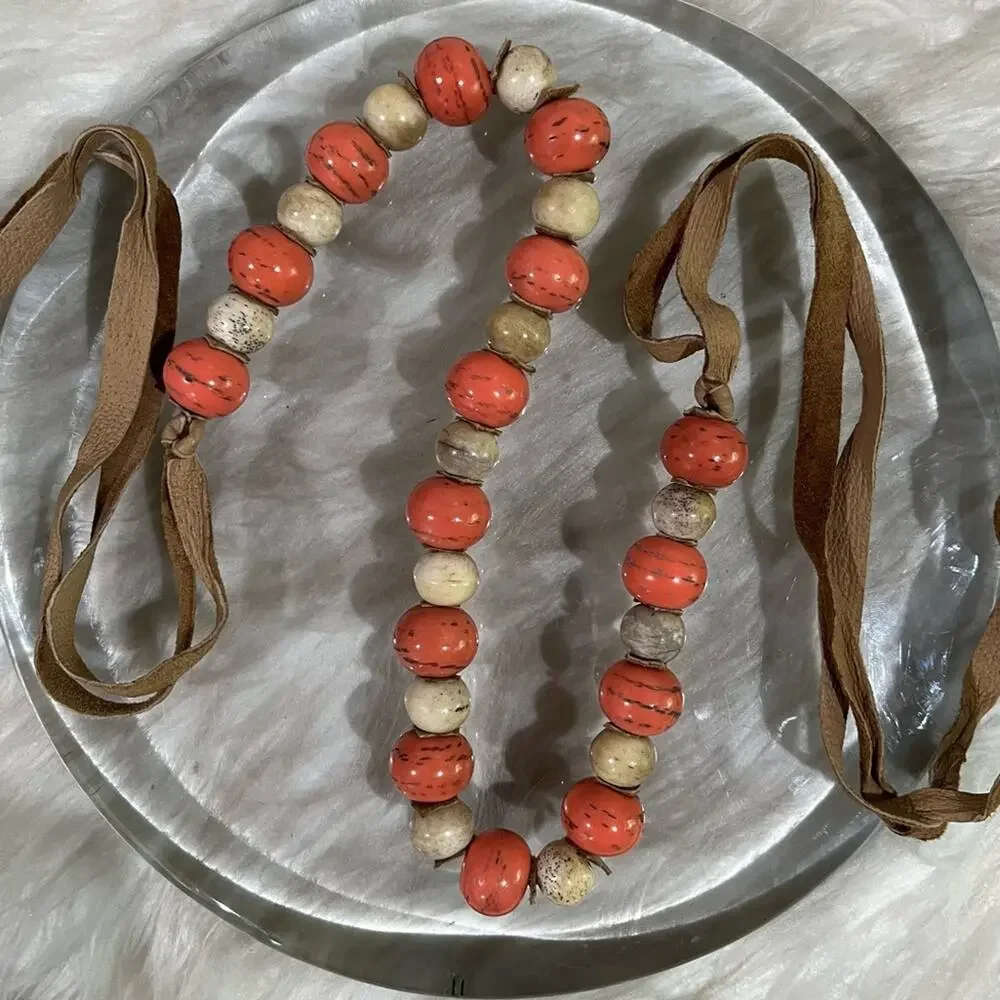 NEW Sundance Vintage Bohemian Glazed Stone Suede Coral Sunset Statement Necklace